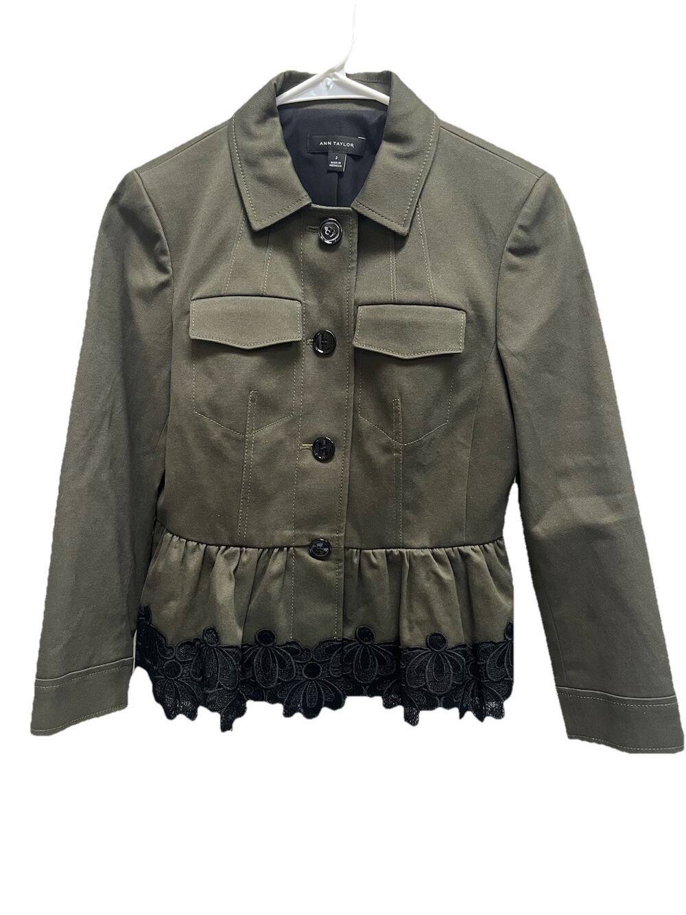 Ann Taylor Women 2 Olive Green Peplum Jacket Black Floral Lace Button Front Chic